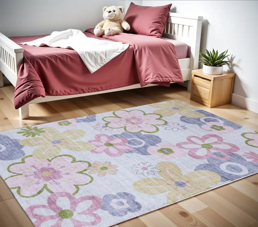 Pink Gray and Purple Juvenile Flowers Youthful Area Rug Photo 3
