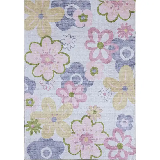 Pink Gray and Purple Juvenile Flowers Youthful Area Rug Photo 4