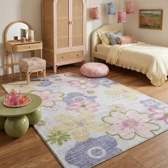 Pink Gray and Purple Juvenile Flowers Youthful Area Rug Photo 7