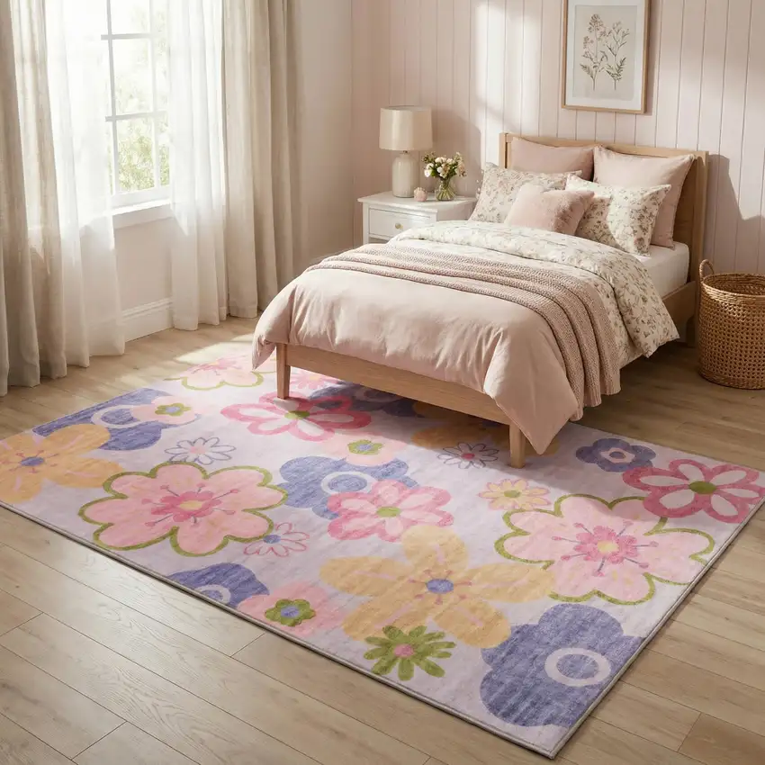 Pink Gray and Purple Juvenile Flowers Youthful Area Rug Photo 6