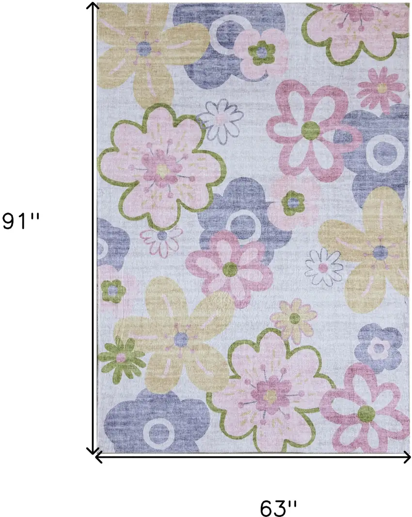 Pink Gray and Purple Juvenile Flowers Youthful Area Rug Photo 5