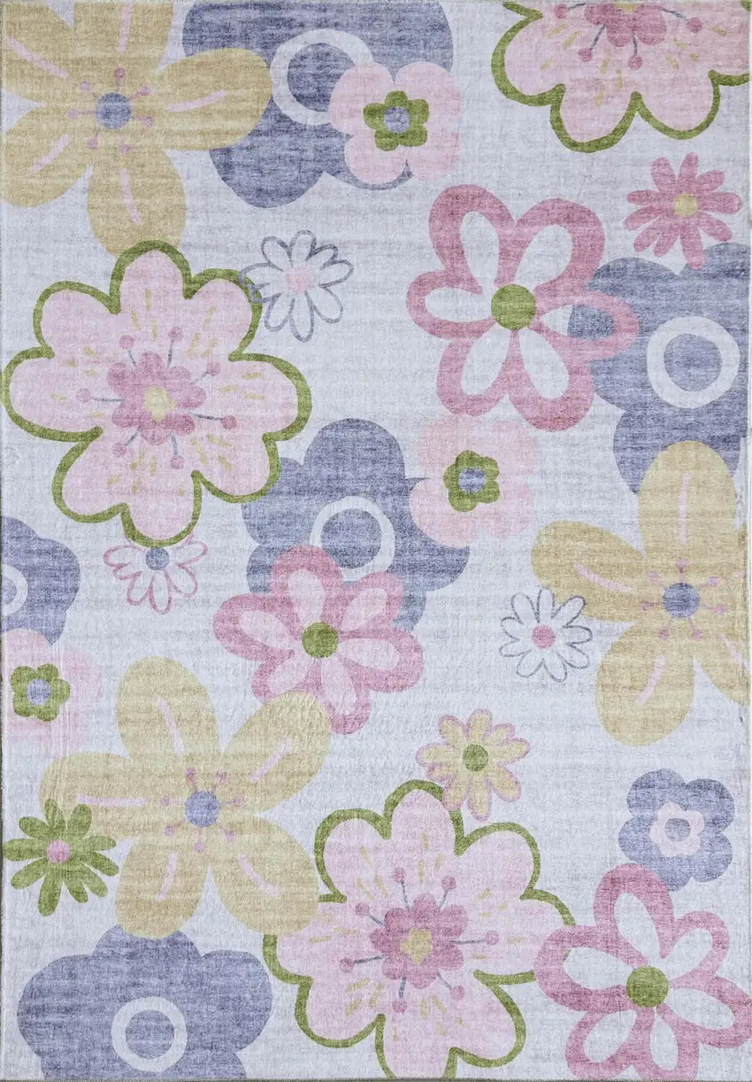 Pink Gray and Purple Juvenile Flowers Youthful Area Rug Photo 4