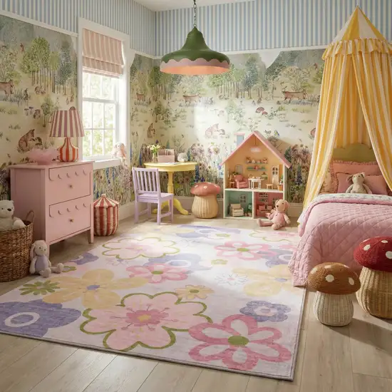 Pink Gray and Purple Juvenile Flowers Youthful Area Rug Photo 5