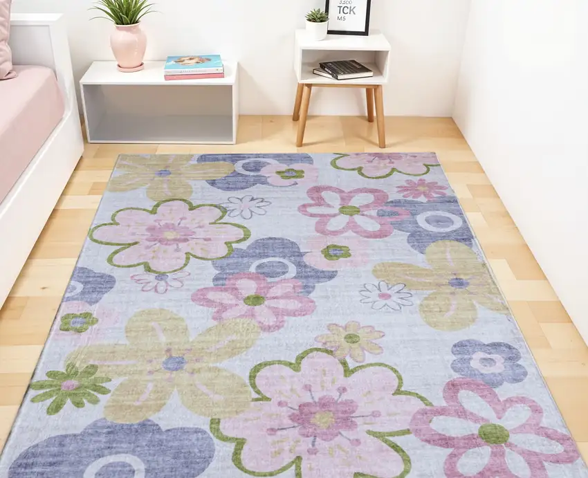 Pink Gray and Purple Juvenile Flowers Youthful Area Rug Photo 3