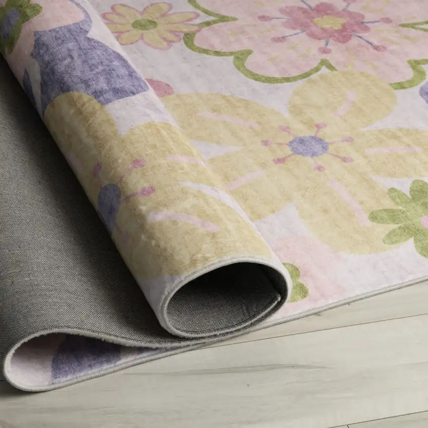 Pink Gray and Purple Juvenile Flowers Youthful Area Rug Photo 5