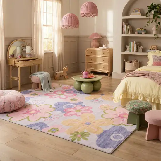 Pink Gray and Purple Juvenile Flowers Youthful Area Rug Photo 8