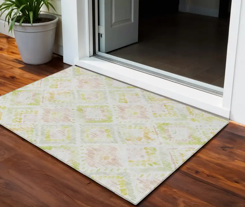 Pink Green And Beige Geometric Washable Indoor Outdoor Area Rug Photo 1