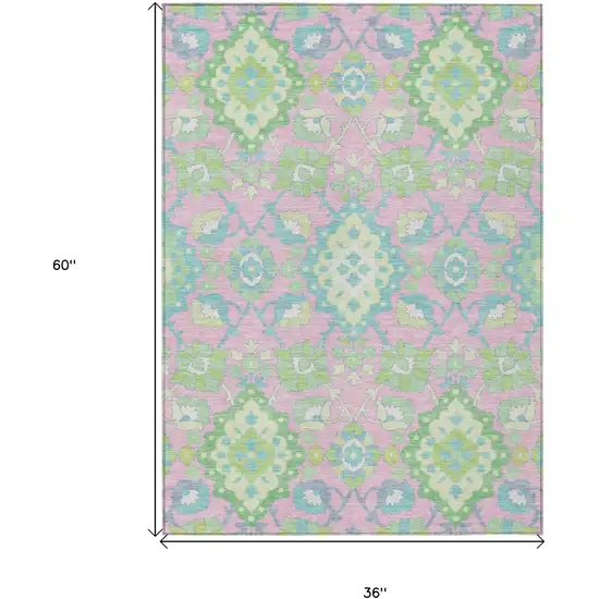 Pink Green And Blue Oriental Washable Indoor Outdoor Area Rug Photo 3