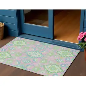 Photo of Pink Green And Blue Oriental Washable Indoor Outdoor Area Rug