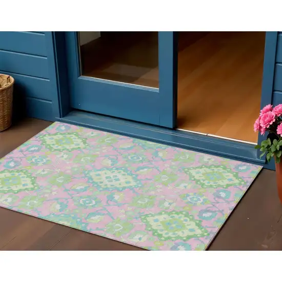 Pink Green And Blue Oriental Washable Indoor Outdoor Area Rug Photo 1