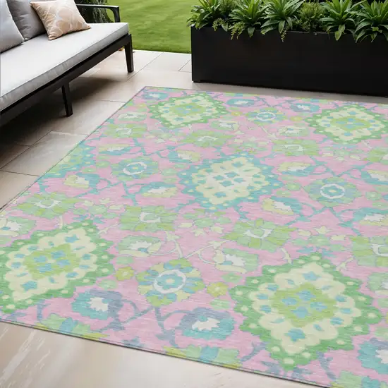 Pink Green And Blue Oriental Washable Indoor Outdoor Area Rug Photo 1