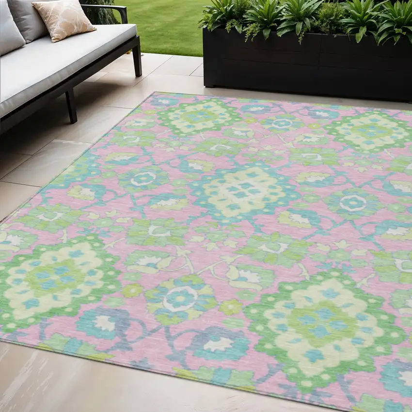 Pink Green And Blue Oriental Washable Indoor Outdoor Area Rug Photo 1