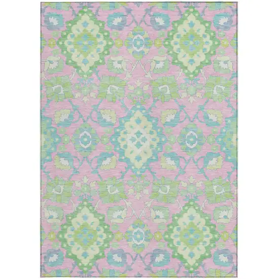 Pink Green And Blue Oriental Washable Indoor Outdoor Area Rug Photo 6