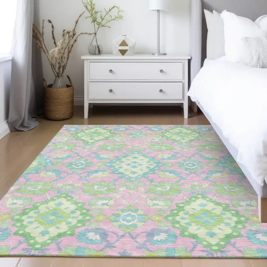 Pink Green And Blue Oriental Washable Indoor Outdoor Area Rug Photo 9