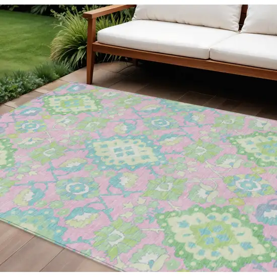 Pink Green And Blue Oriental Washable Indoor Outdoor Area Rug Photo 1