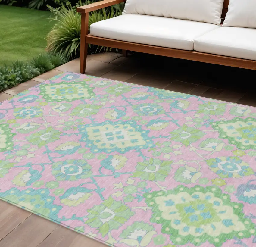 Pink Green And Blue Oriental Washable Indoor Outdoor Area Rug Photo 1