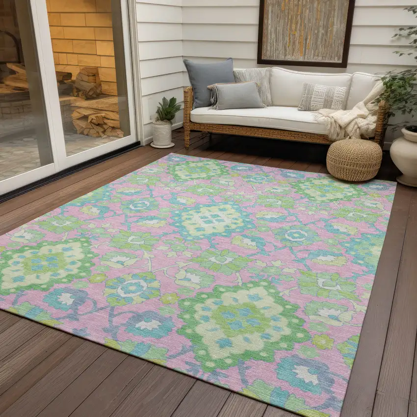 Pink Green And Blue Oriental Washable Indoor Outdoor Area Rug Photo 8