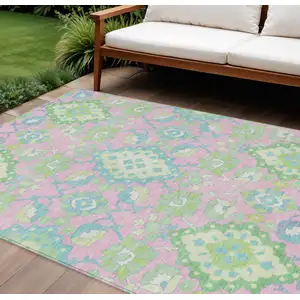 Photo of Pink Green And Blue Oriental Washable Indoor Outdoor Area Rug