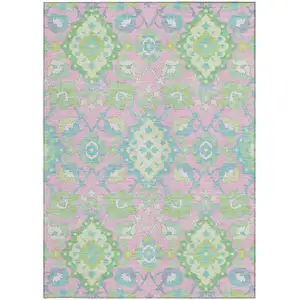 Photo of Pink Green And Blue Oriental Washable Indoor Outdoor Area Rug