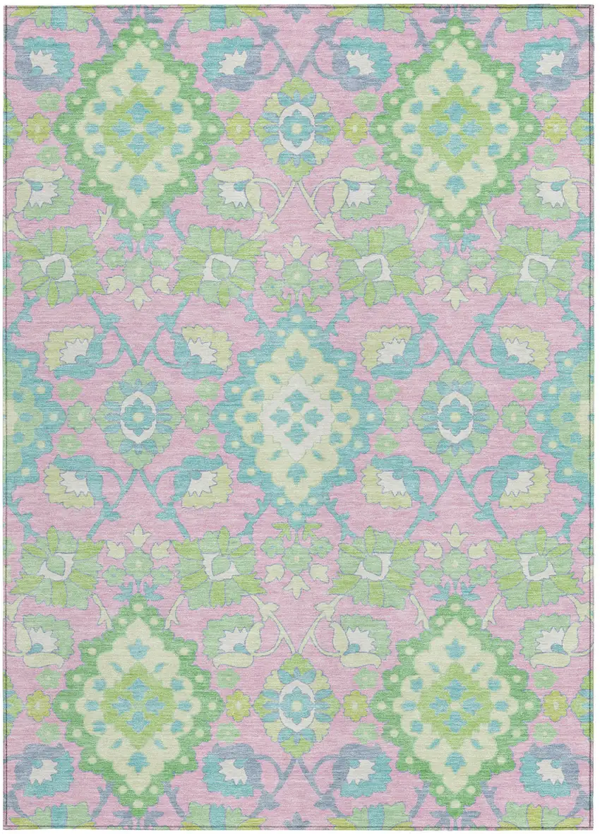 Pink Green And Blue Oriental Washable Indoor Outdoor Area Rug Photo 7