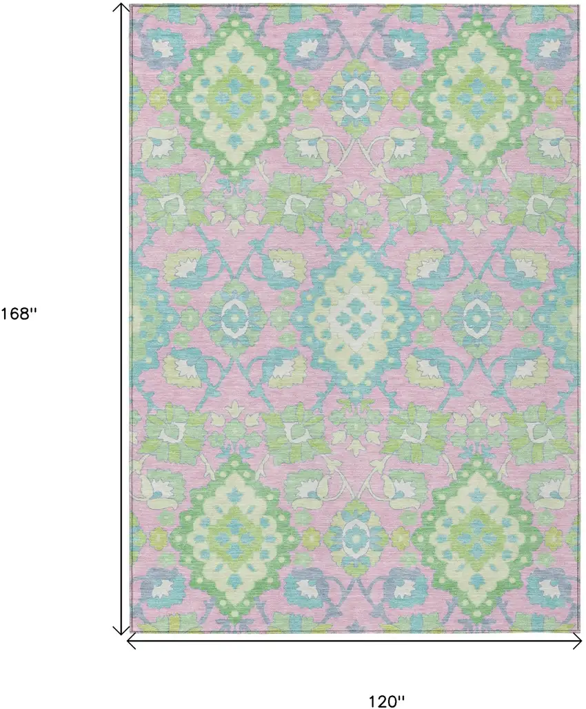 Pink Green And Blue Oriental Washable Indoor Outdoor Area Rug Photo 3