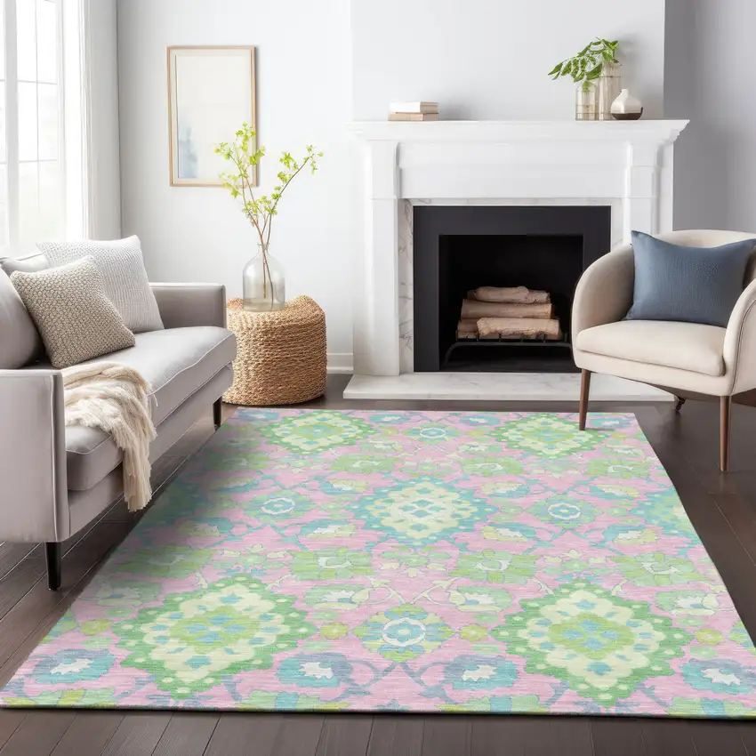 Pink Green And Blue Oriental Washable Indoor Outdoor Area Rug Photo 9