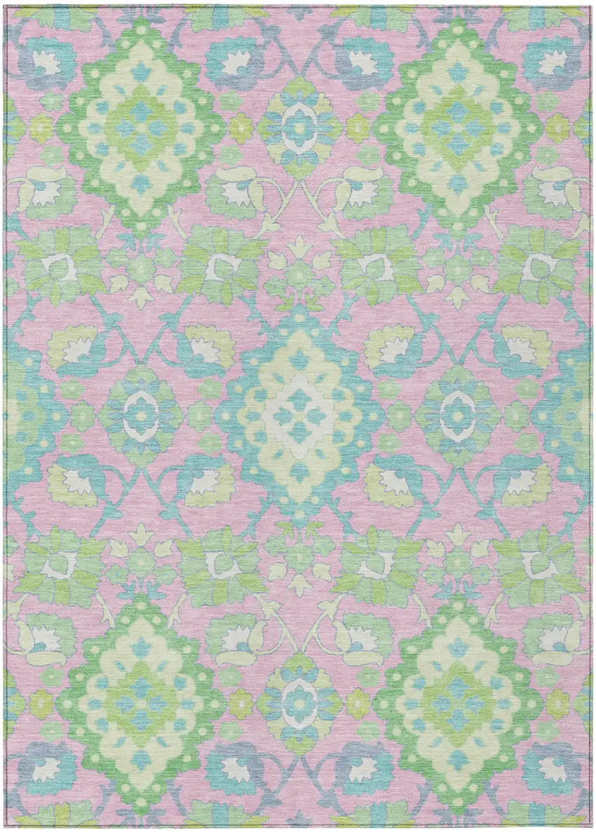 Pink Green And Blue Oriental Washable Indoor Outdoor Area Rug Photo 2