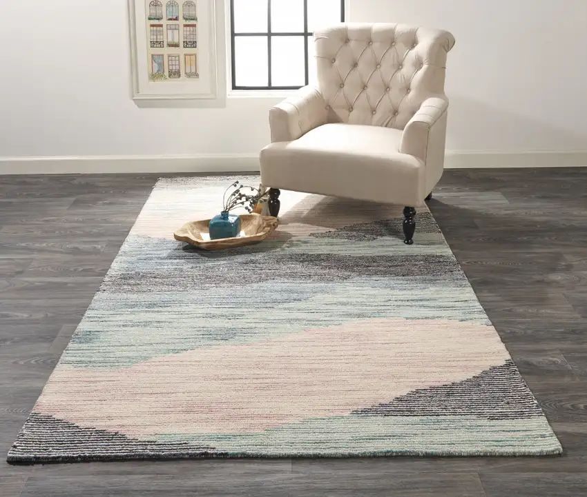 Pink Green And Blue Wool Abstract Tufted Handmade Area Rug Photo 6