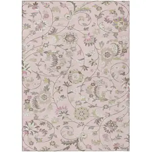Photo of Pink Green And Gray Floral Washable Indoor Outdoor Area Rug