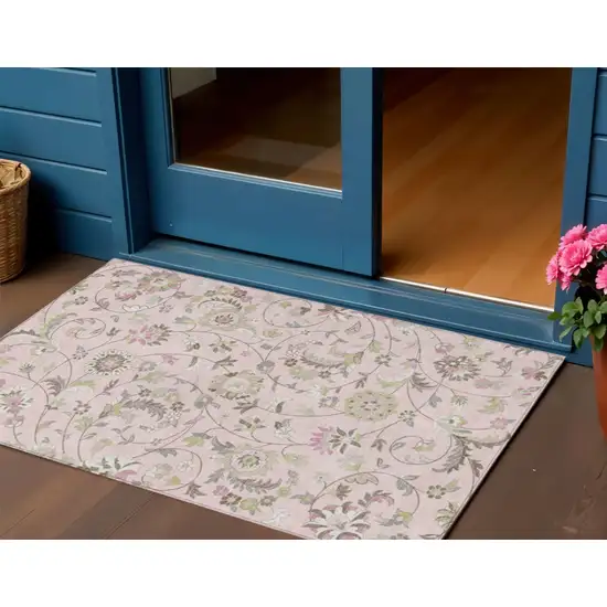 Pink Green And Gray Floral Washable Indoor Outdoor Area Rug Photo 1
