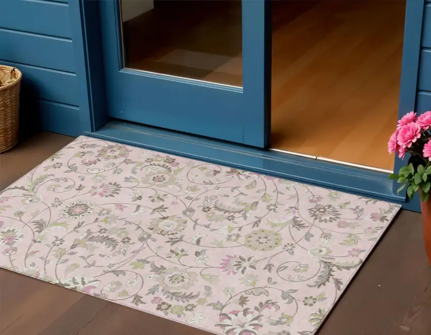Pink Green And Gray Floral Washable Indoor Outdoor Area Rug Photo 1