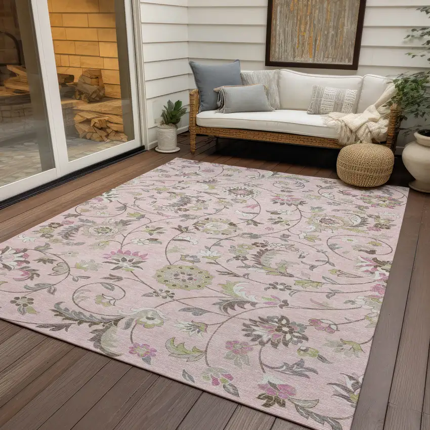 Pink Green And Gray Floral Washable Indoor Outdoor Area Rug Photo 8