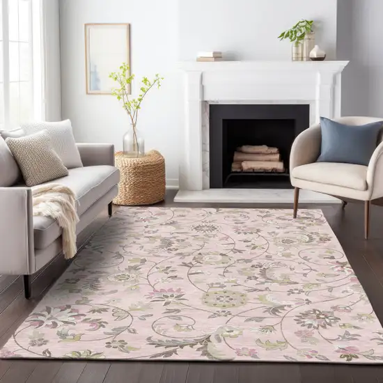 Pink Green And Gray Floral Washable Indoor Outdoor Area Rug Photo 9