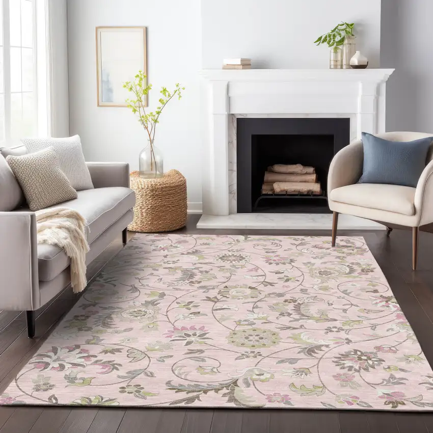 Pink Green And Gray Floral Washable Indoor Outdoor Area Rug Photo 9