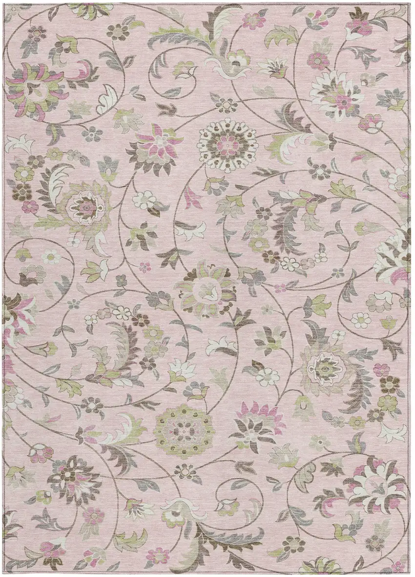 Pink Green And Gray Floral Washable Indoor Outdoor Area Rug Photo 7