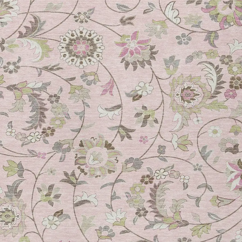 Pink Green And Gray Floral Washable Indoor Outdoor Area Rug Photo 6