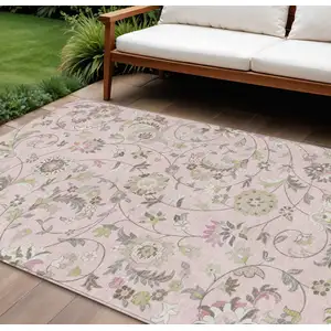 Photo of Pink Green And Gray Floral Washable Indoor Outdoor Area Rug