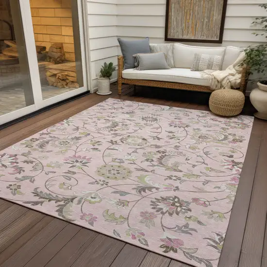 Pink Green And Gray Floral Washable Indoor Outdoor Area Rug Photo 8