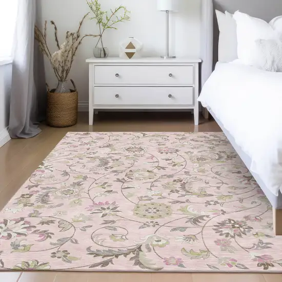 Pink Green And Gray Floral Washable Indoor Outdoor Area Rug Photo 9