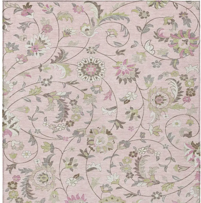 Pink Green And Gray Floral Washable Indoor Outdoor Area Rug Photo 7