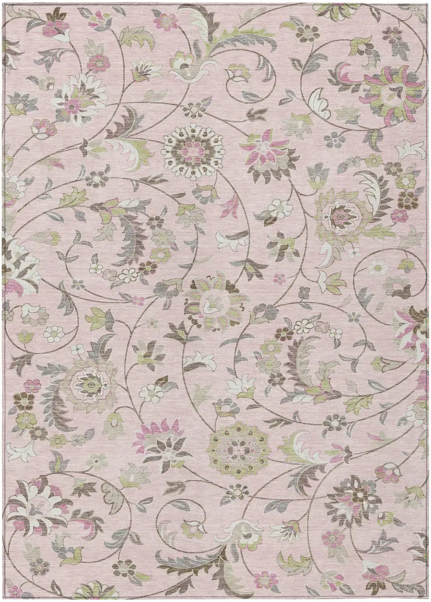 Pink Green And Gray Floral Washable Indoor Outdoor Area Rug Photo 2
