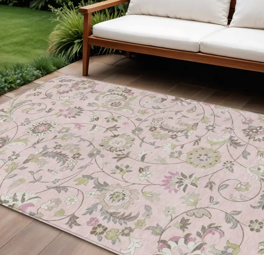 Pink Green And Gray Floral Washable Indoor Outdoor Area Rug Photo 1