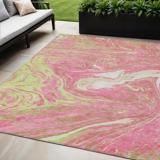 Pink Green And Ivory Abstract Washable Indoor Outdoor Area Rug Photo 1