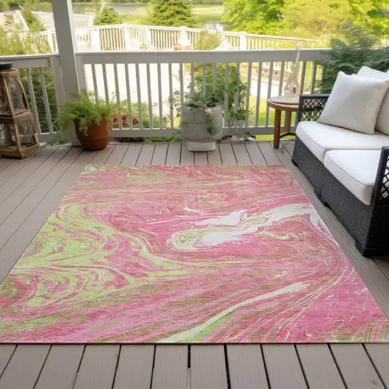 Pink Green And Ivory Abstract Washable Indoor Outdoor Area Rug Photo 7