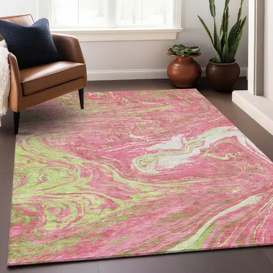 Pink Green And Ivory Abstract Washable Indoor Outdoor Area Rug Photo 8