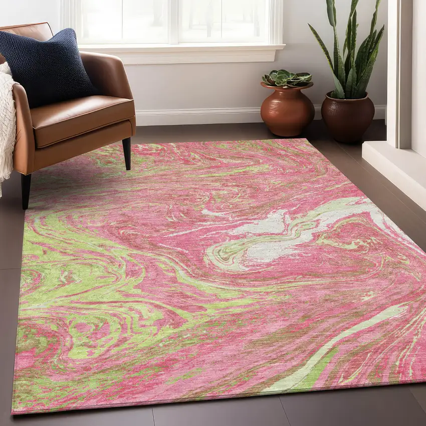 Pink Green And Ivory Abstract Washable Indoor Outdoor Area Rug Photo 8