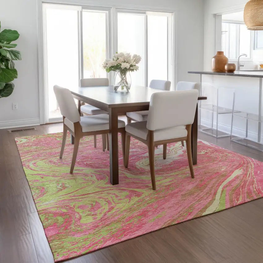 Pink Green And Ivory Abstract Washable Indoor Outdoor Area Rug Photo 8