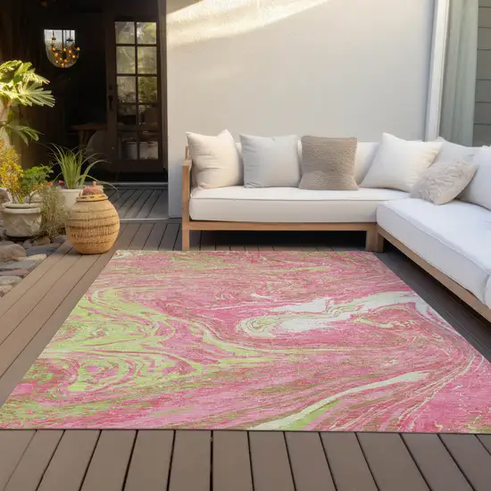 Pink Green And Ivory Abstract Washable Indoor Outdoor Area Rug Photo 9