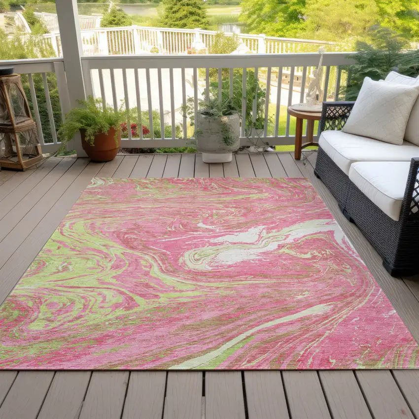 Pink Green And Ivory Abstract Washable Indoor Outdoor Area Rug Photo 6