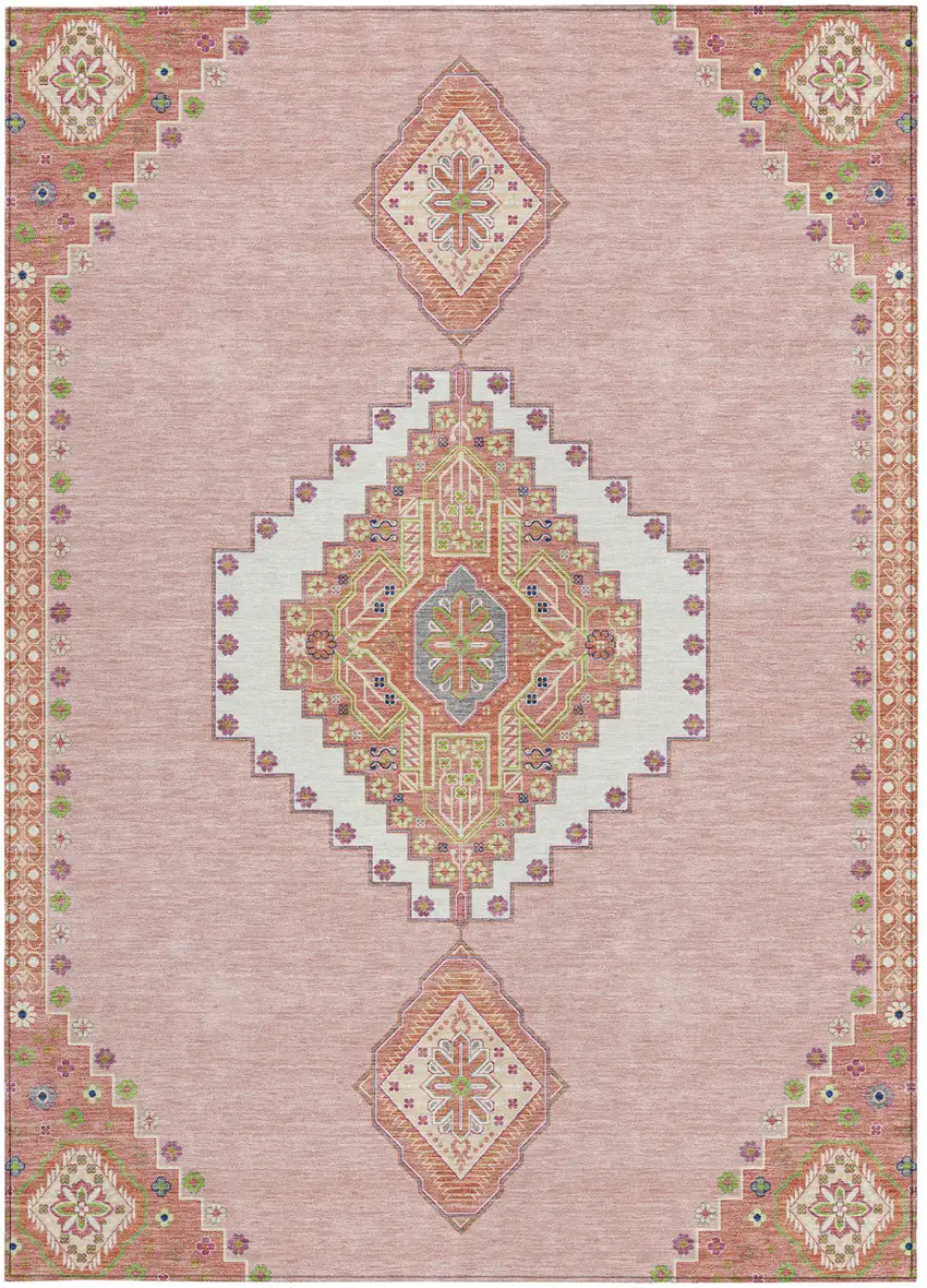Pink Green And Ivory Oriental Washable Indoor Outdoor Area Rug Photo 7